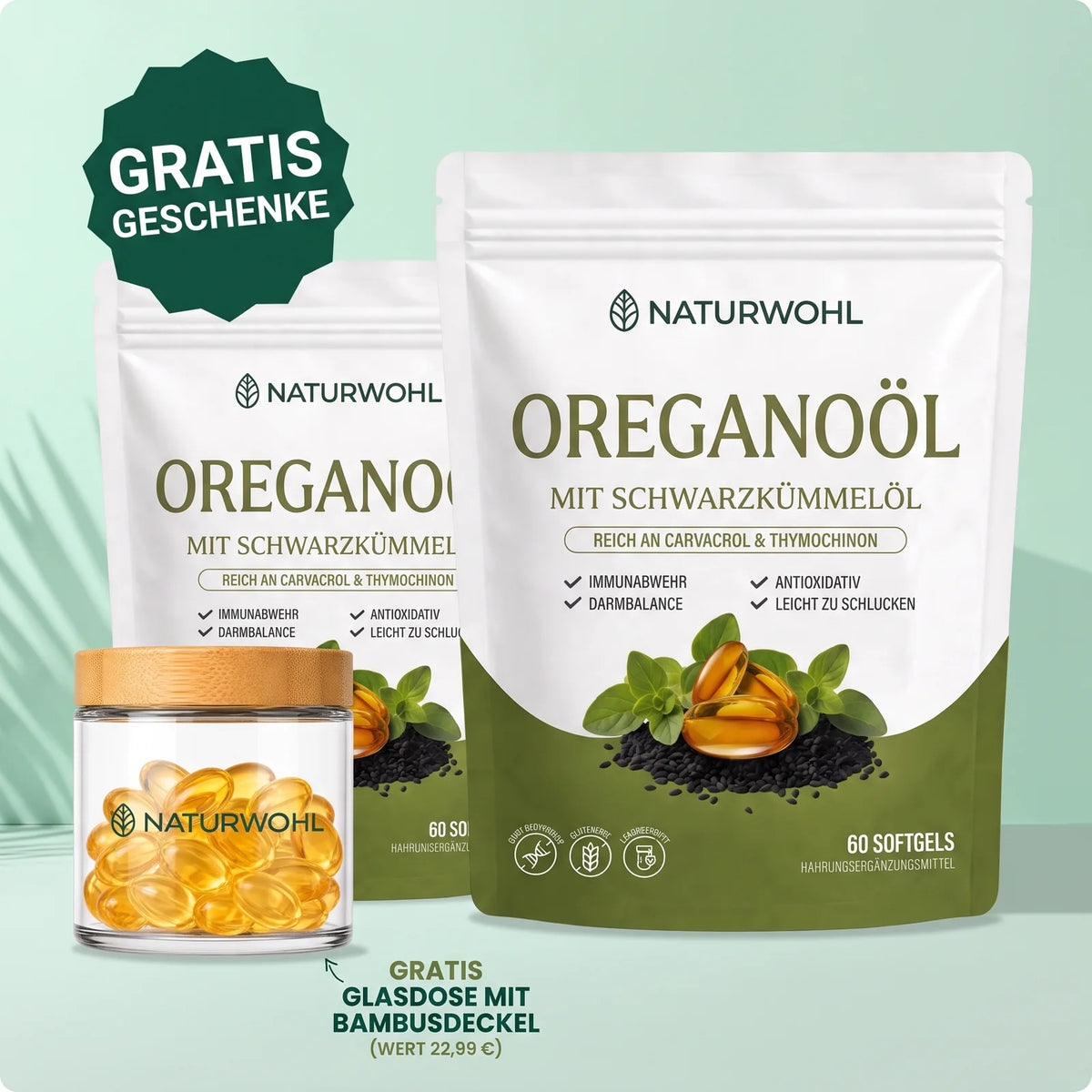 Naturwohl Oreganoöl mit Schwarzkümmelöl – 60 Softgels mit Gratis-Glasdose