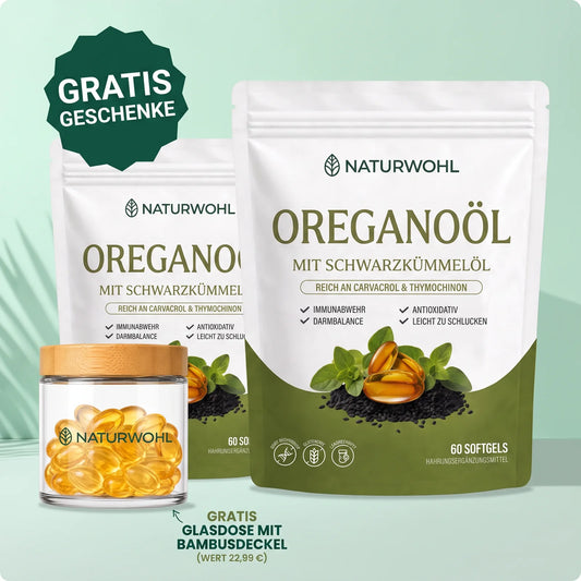 Naturwohl Oreganoöl mit Schwarzkümmelöl – 60 Softgels mit Gratis-Glasdose
